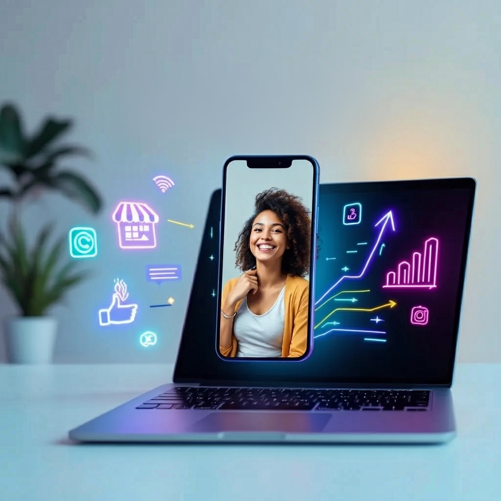 Smiling woman on a smartphone screen in front of a laptop with digital marketing icons and growth charts.