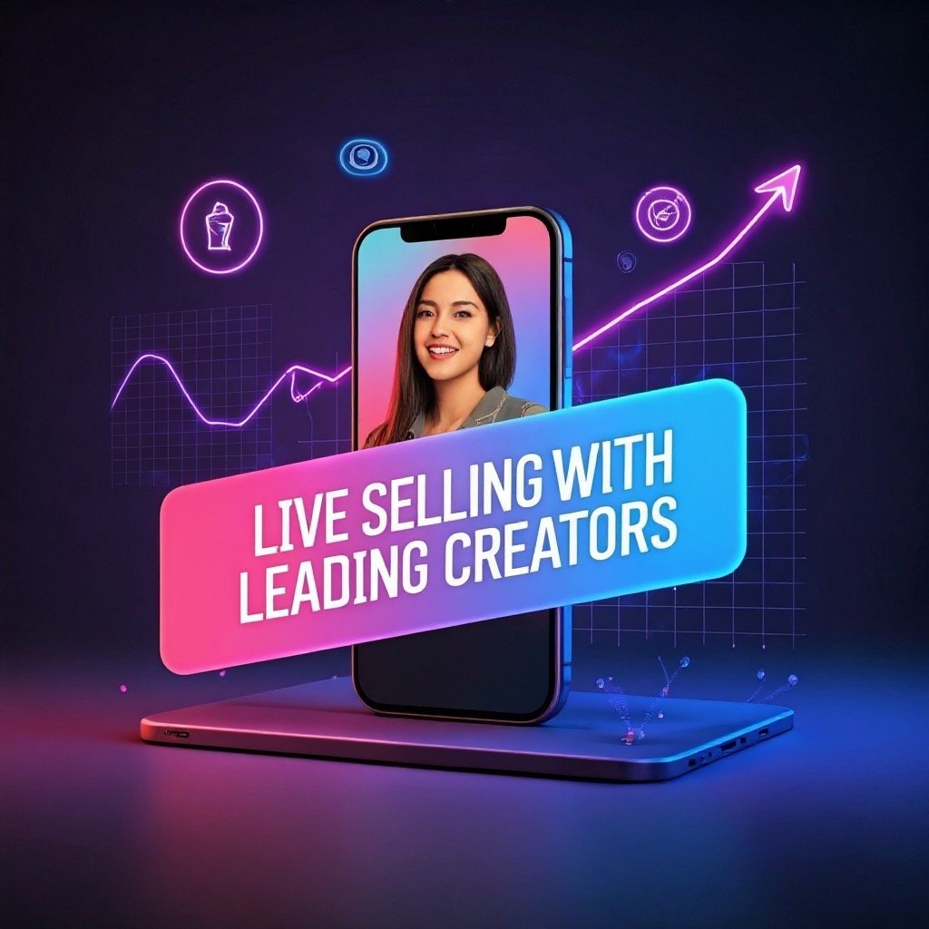 Smartphone displaying a female creator with neon text reading “Live Selling with Leading Creators” over a dark background with growth chart icons.