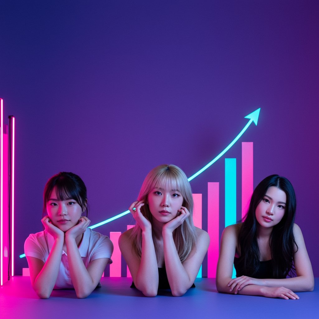 Three female TikTok creators posing with vibrant bar charts and upward trend lines behind them, symbolizing affiliate growth and influencer marketing success.